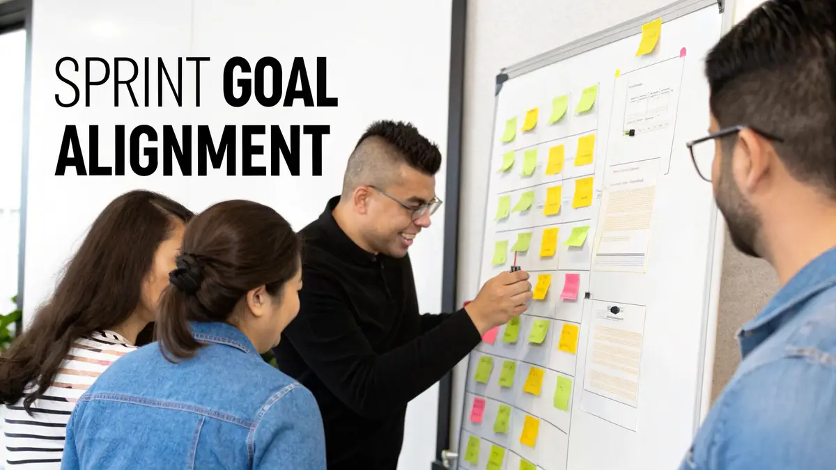 A team of developers collaborating around a digital whiteboard during a sprint planning session.