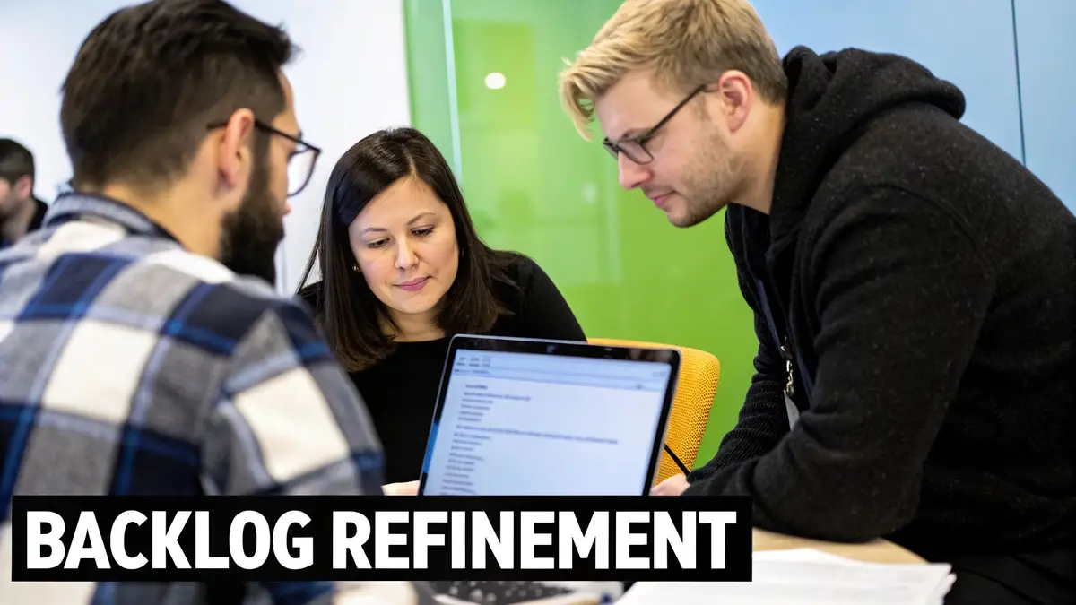 A group of developers looking at a physical board covered in sticky notes during a backlog refinement meeting.