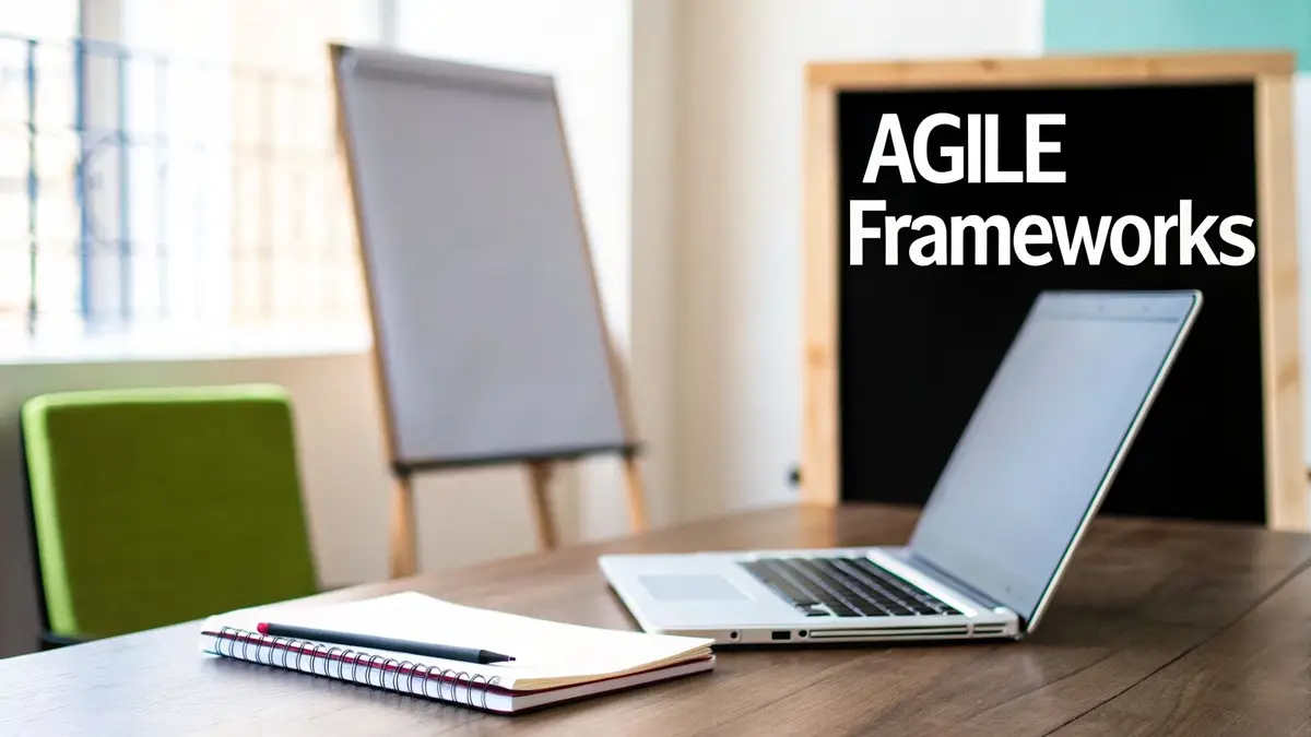 Meeting room with a laptop, notebook, and a blackboard displaying 'AGILE Frameworks' on a desk.