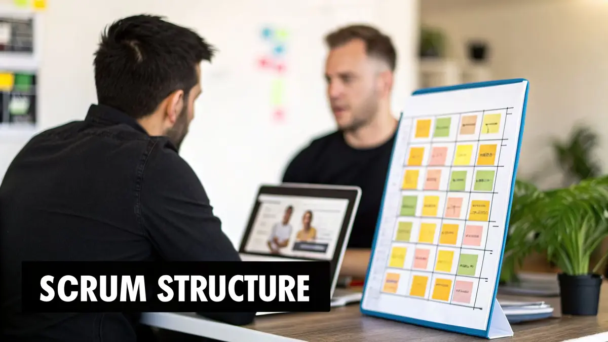 Two people discussing work in an office with a laptop and a board of sticky notes.