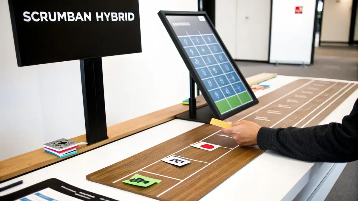 A hand interacts with a physical board in a "SCRUMBAN HYBRID" setup, combining digital and tangible elements for project management.