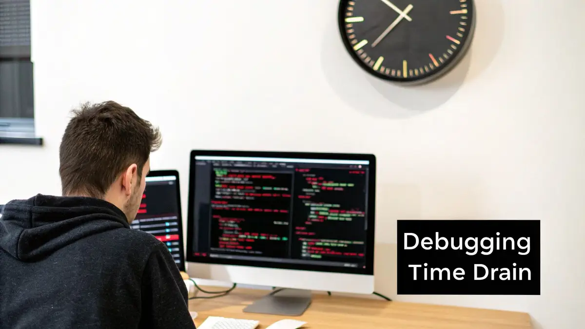 A person seen from behind at several monitors full of code, with a clock on the wall.