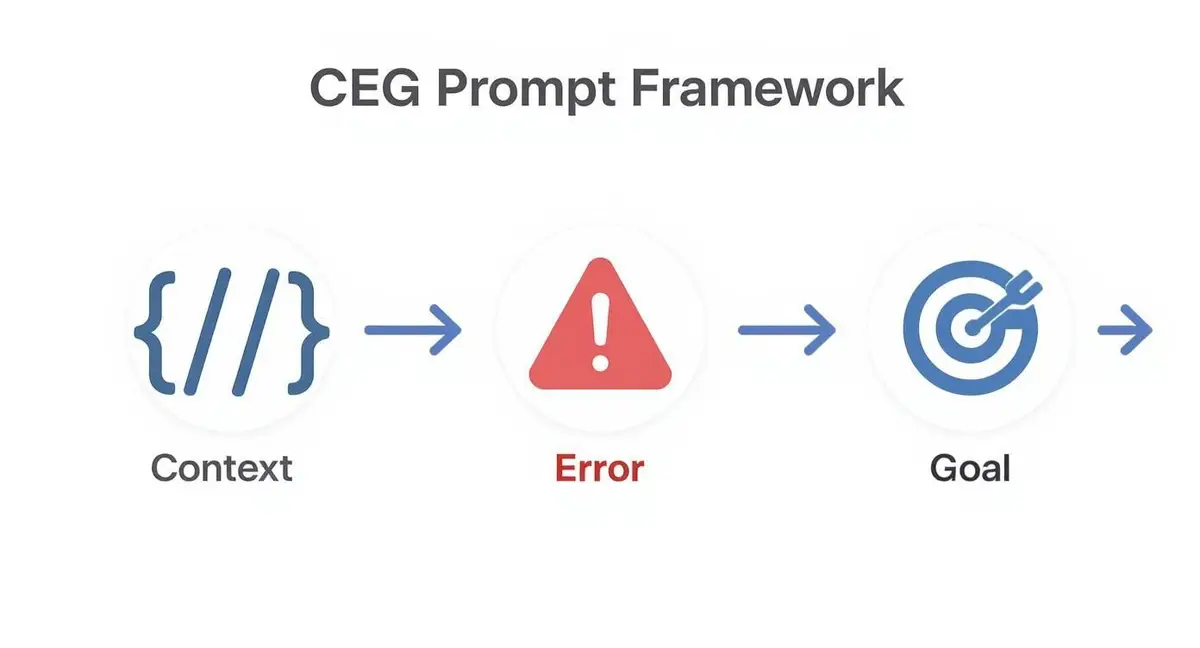 Diagram of the context, error, goal prompt framework: three icons joined by arrows.