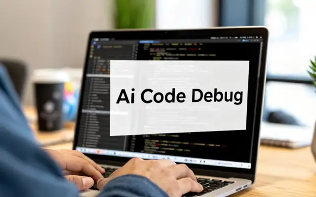 Hands on a laptop keyboard, the screen full of code with the words Ai Code Debug over it
