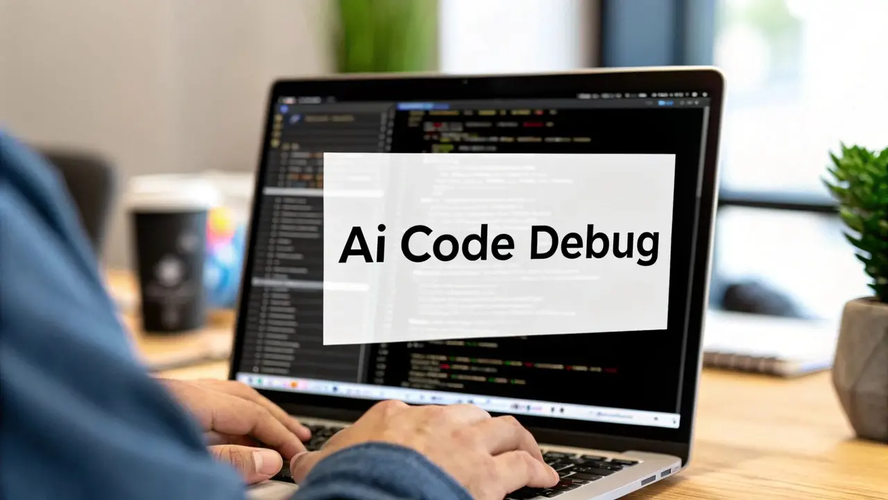 Hands on a laptop keyboard, the screen full of code with the words Ai Code Debug over it