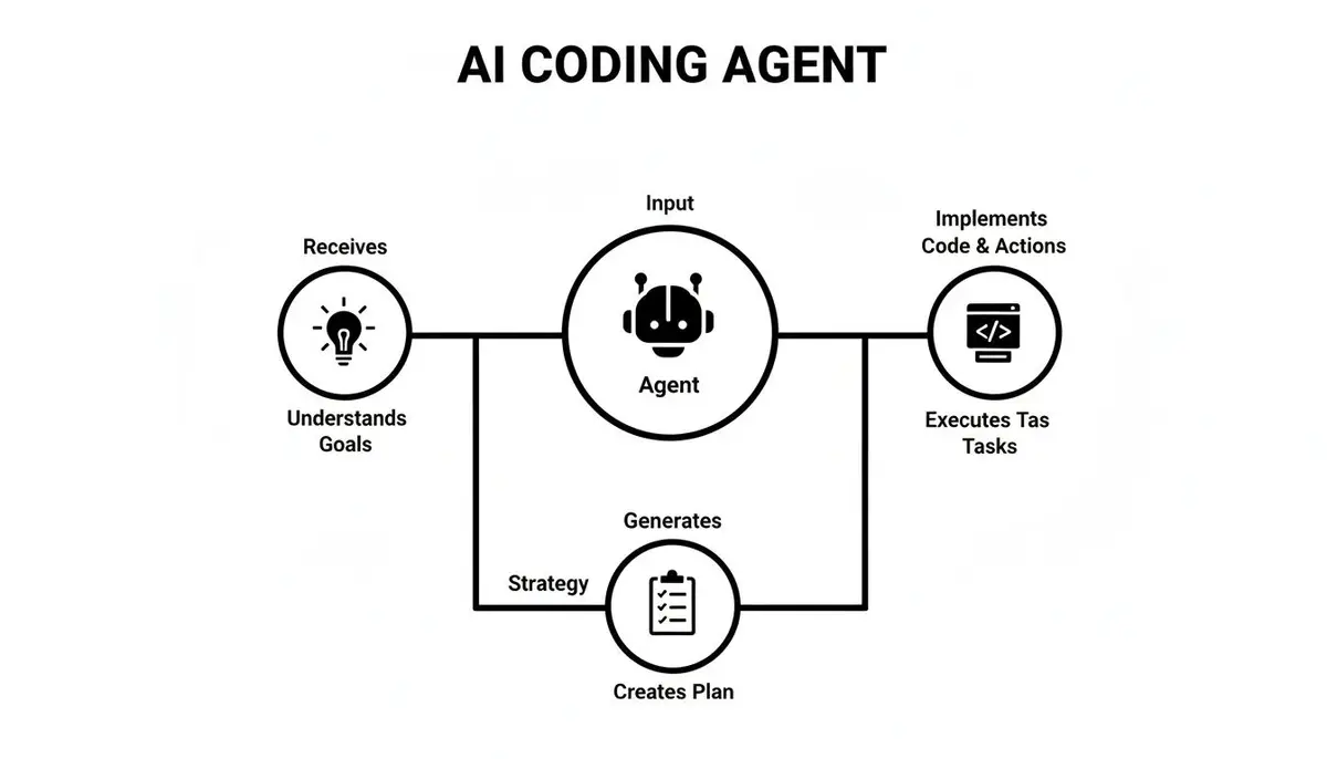 Diagram of an AI coding agent: it receives a goal, creates a plan, then implements code and runs tasks.