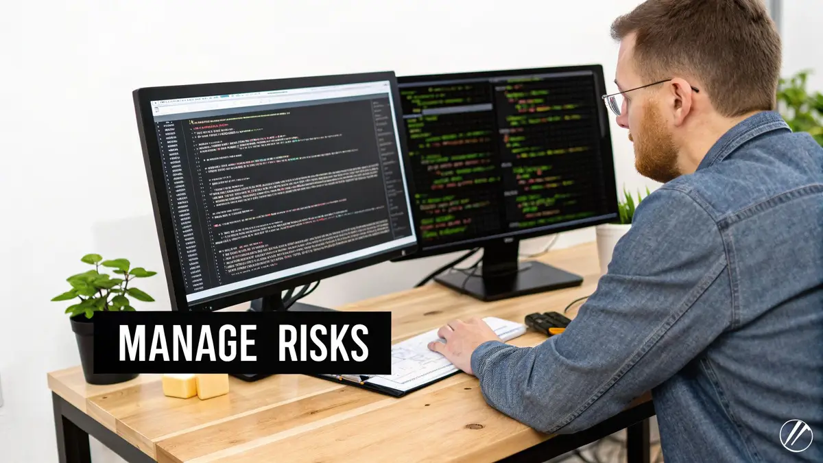 A programmer at two monitors full of code, with a sign reading Manage Risks on the desk.