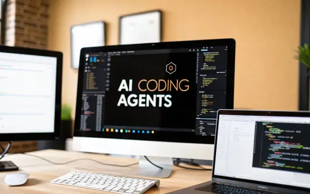 A desktop monitor showing the words AI Coding Agents, between a second monitor and a laptop full of code