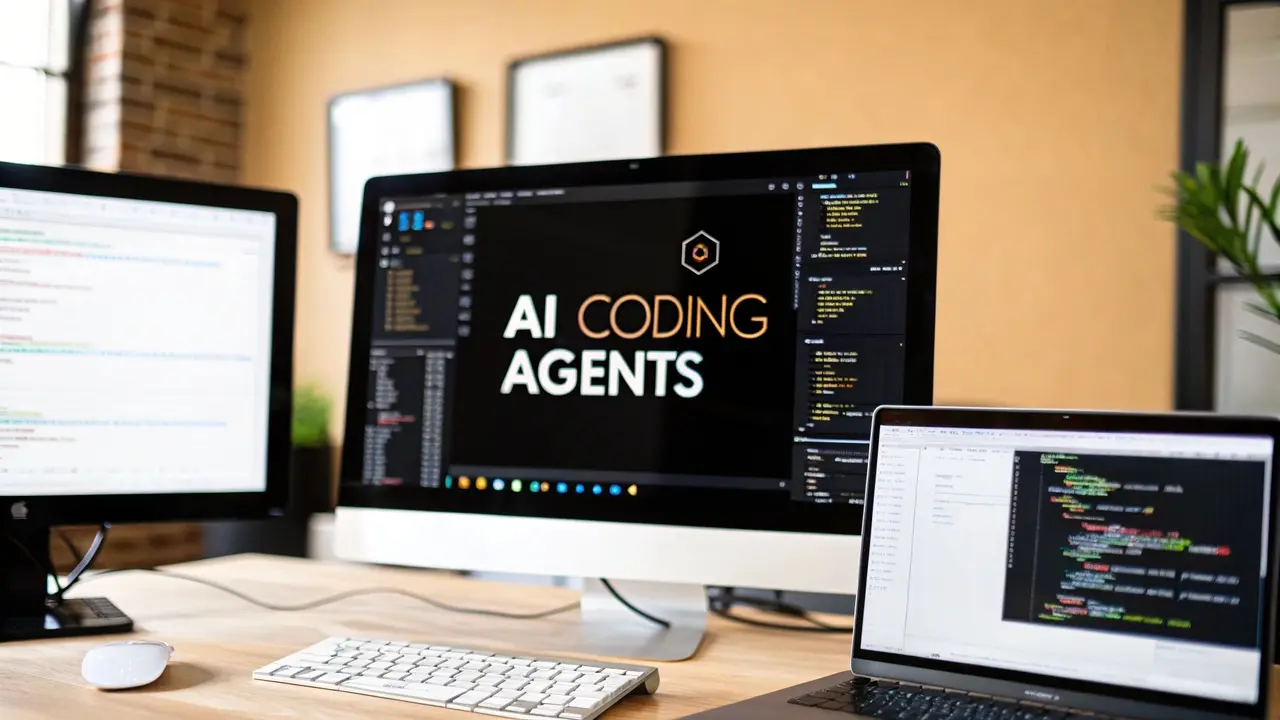 A desktop monitor showing the words AI Coding Agents, between a second monitor and a laptop full of code