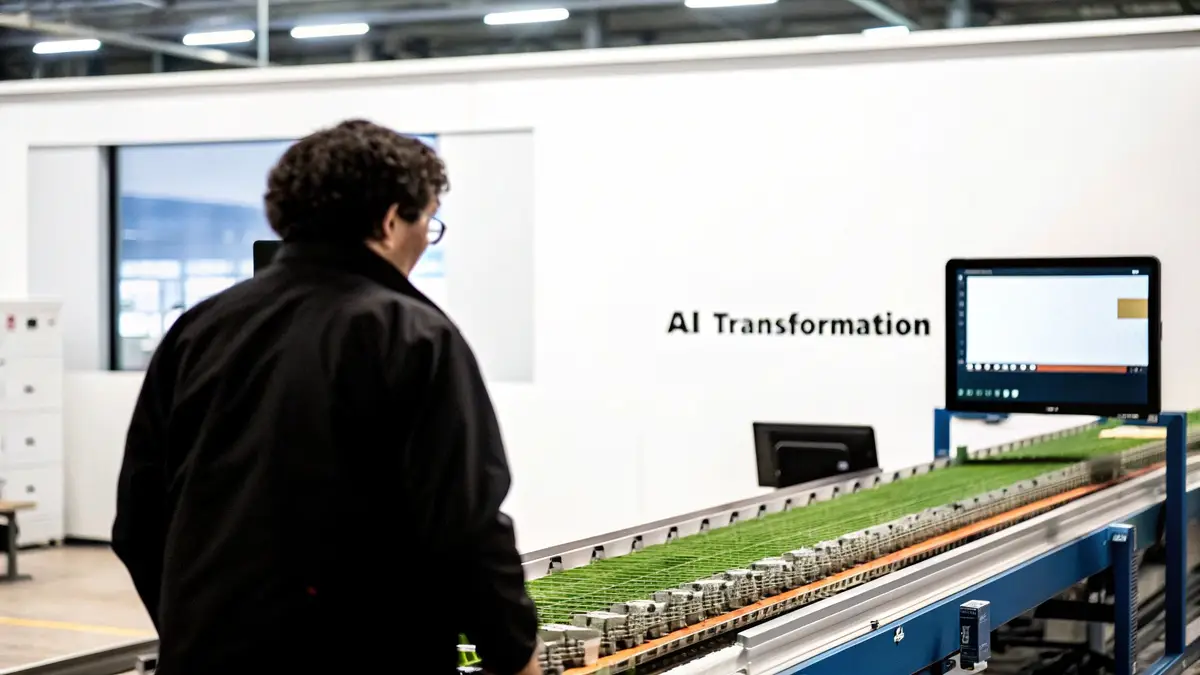 A person observes a sophisticated automated system with green components and monitors, near a wall saying 'AI Transformation'.