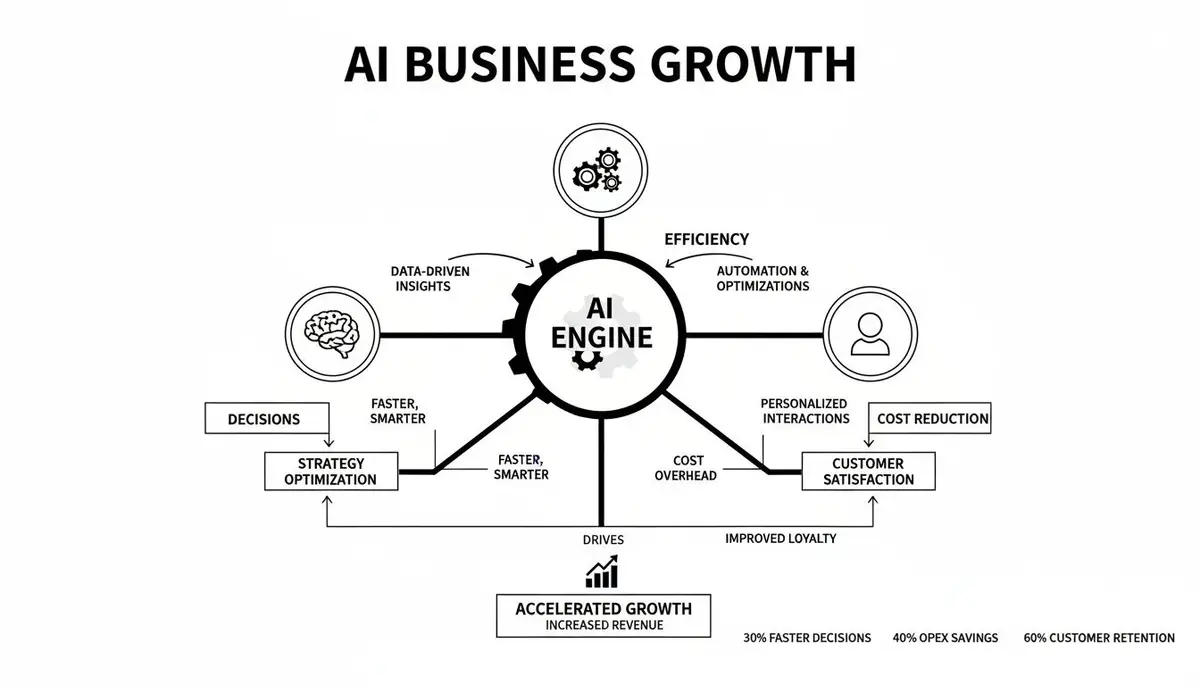 A diagram illustrates how an AI engine drives business growth, leading to efficiency, insights, and customer satisfaction.