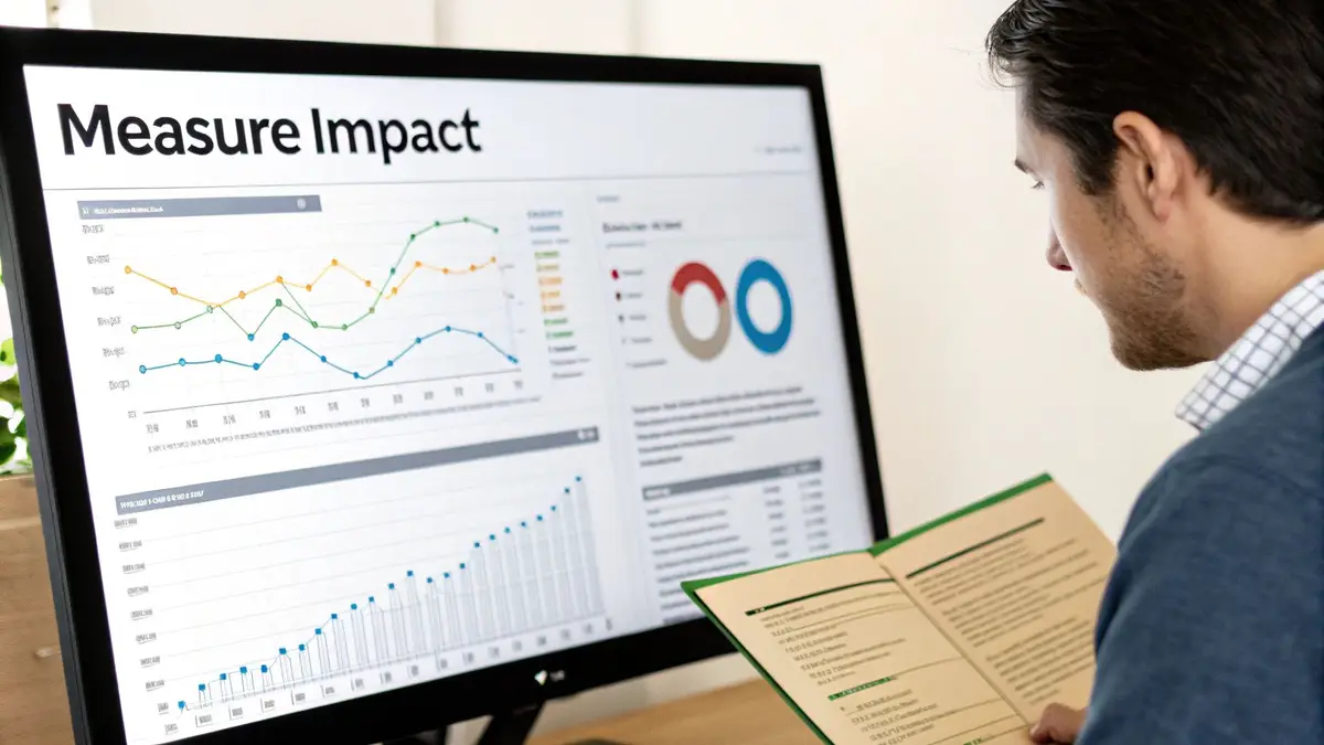 Man analyzing business performance data and graphs on a computer monitor, holding an open book.