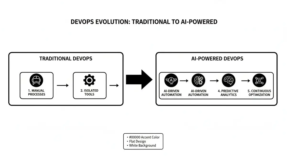 Flowchart showing DevOps evolution from traditional manual processes and isolated tools to AI-powered automation, predictive analytics, and continuous optimization.