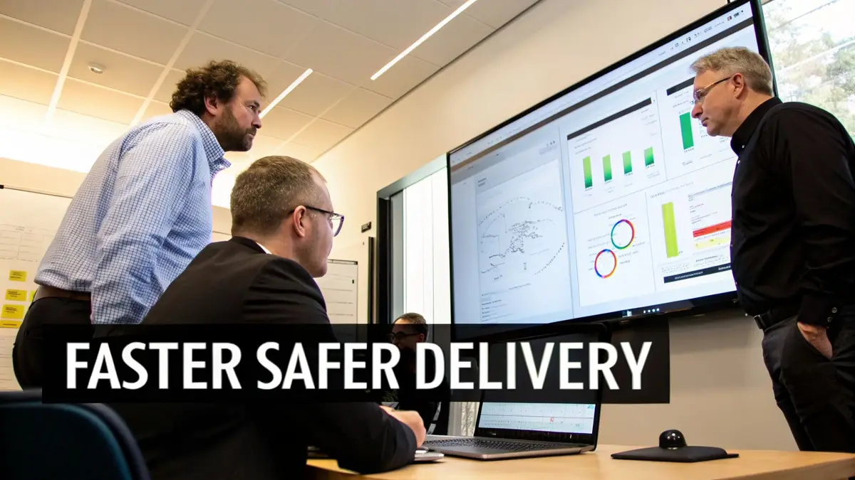 Three men in a modern office analyzing data on a large screen with a 'Faster Safer Delivery' text overlay.