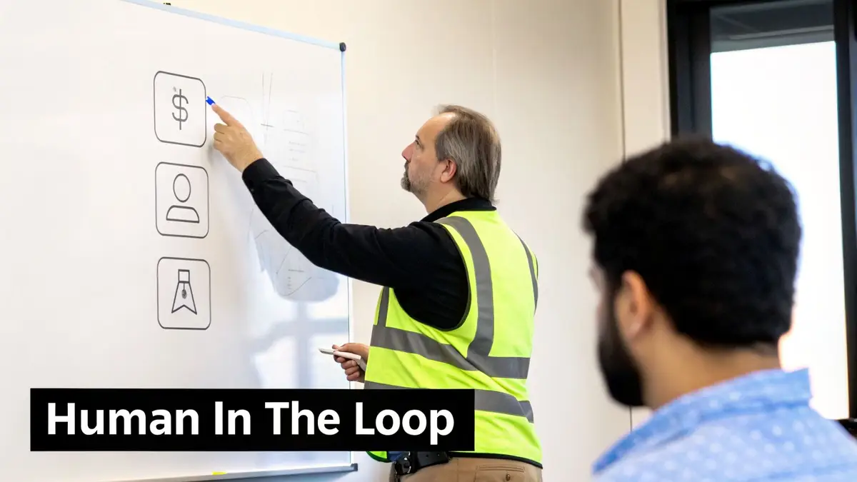 A man in a high-visibility vest points to a whiteboard with icons while another person watches.