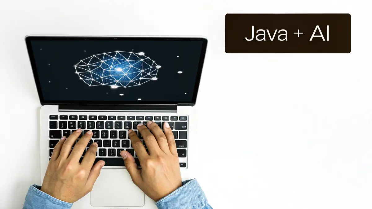Hands typing on a laptop showing a network graphic, next to a banner reading Java + AI