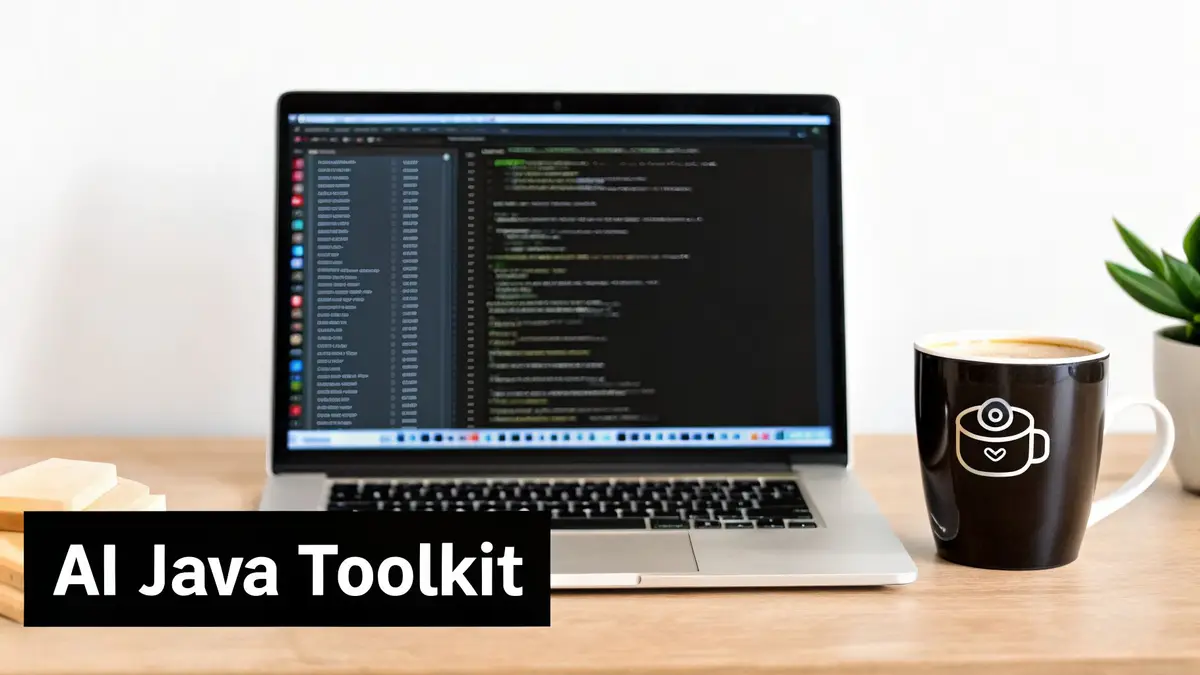 A laptop with code, a coffee mug and a plant on a desk, with the caption AI Java Toolkit
