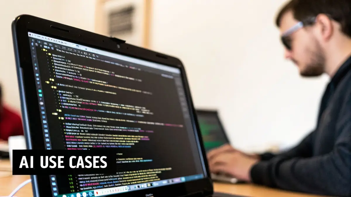 A laptop showing code with a developer working in the background, with the caption AI use cases