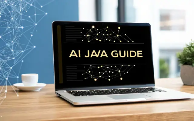 A laptop on a desk with the words AI Java Guide on its screen