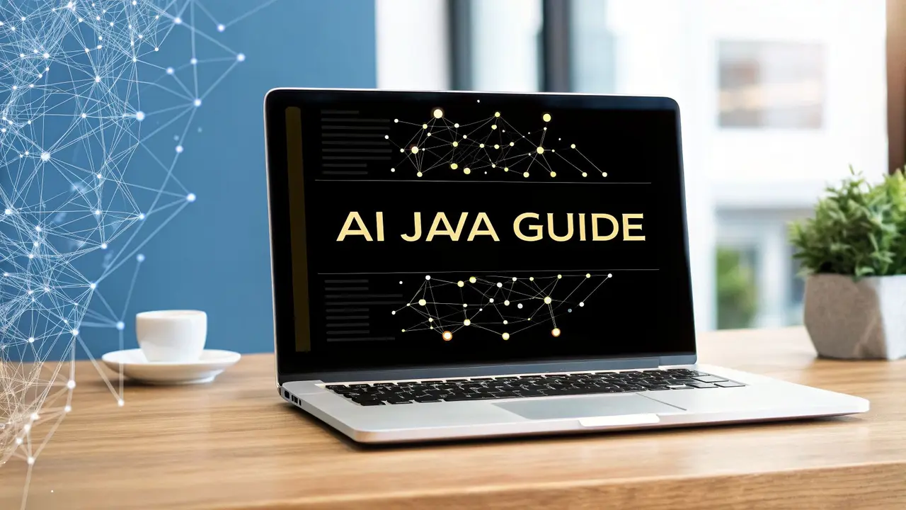 A laptop on a desk with the words AI Java Guide on its screen