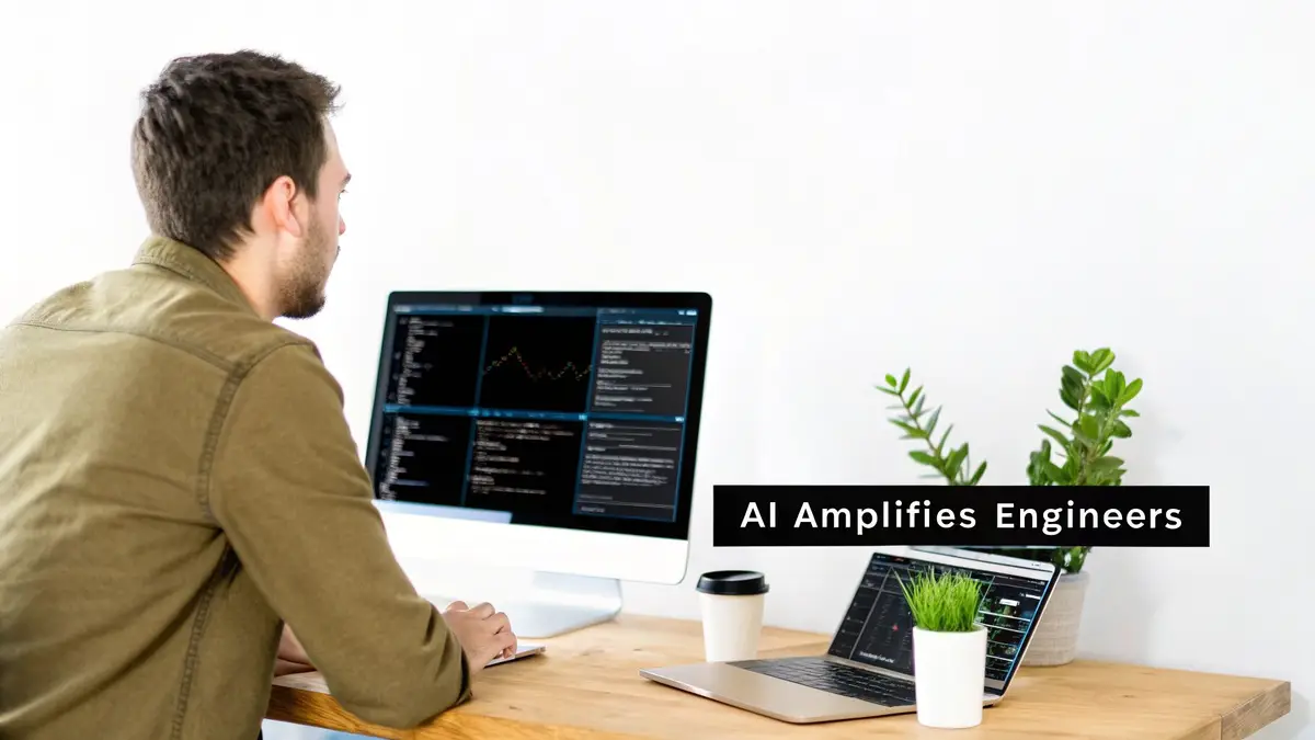 An engineer coding at two monitors, with a laptop and plants on the desk.