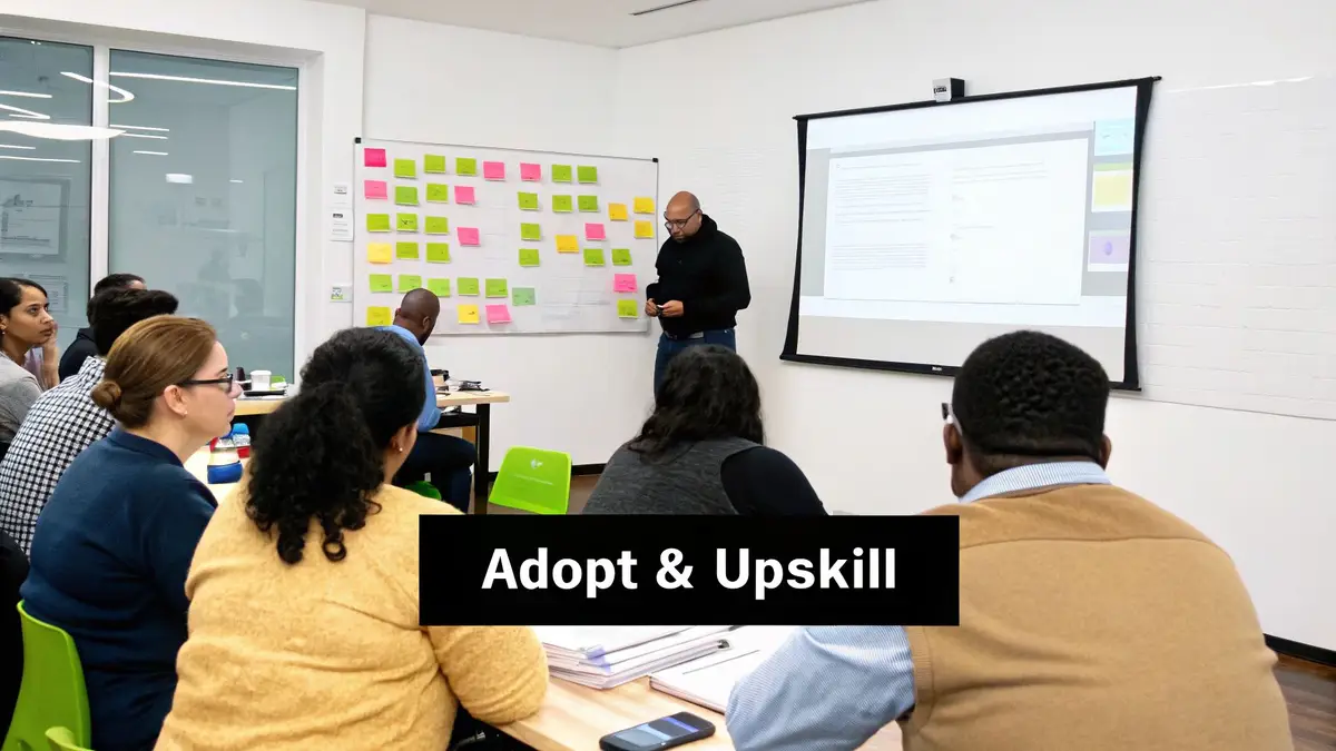 A presenter at a whiteboard giving a training session to a small group.
