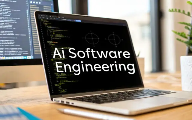 A laptop on a desk with the words Ai Software Engineering over a screen of code