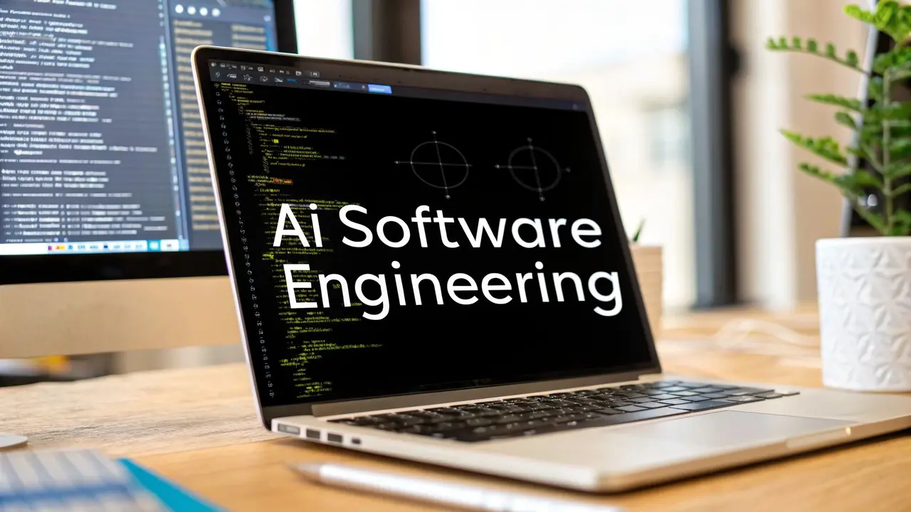 A laptop on a desk with the words Ai Software Engineering over a screen of code