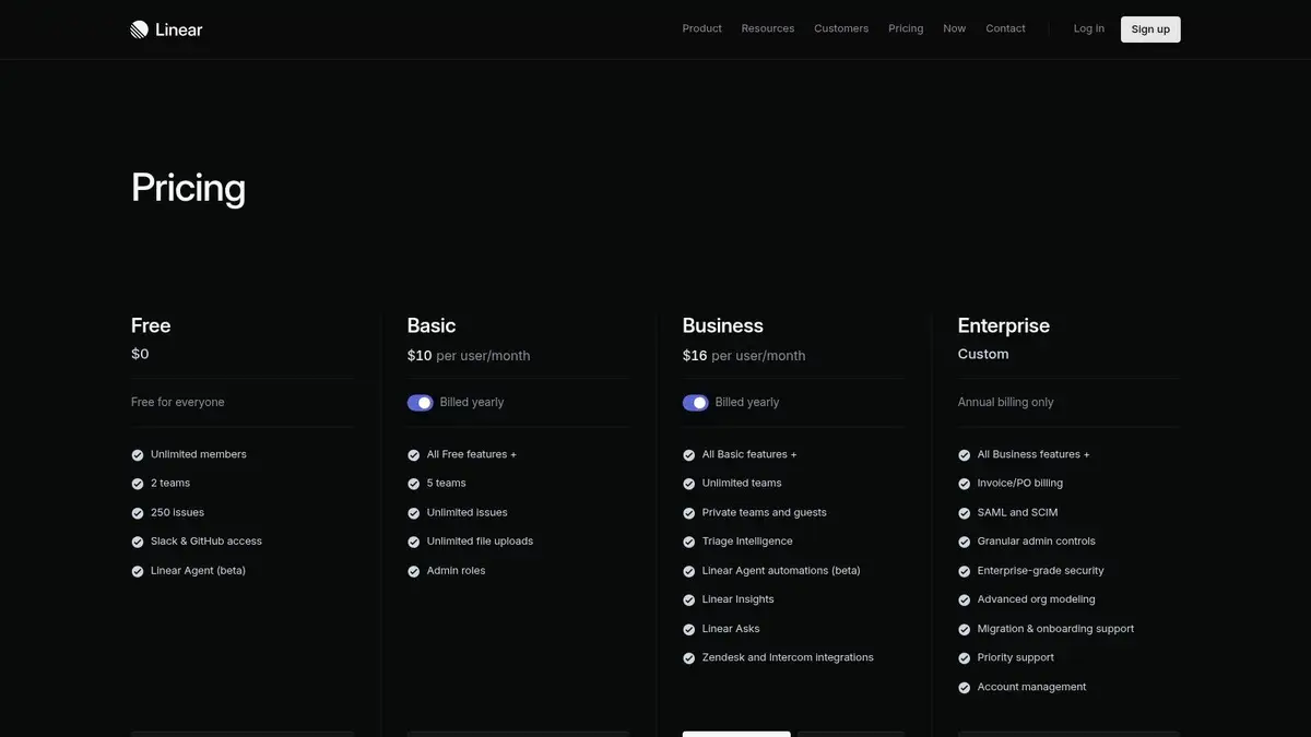 Linear pricing plans showing Free, Standard, and Plus tiers with feature breakdowns