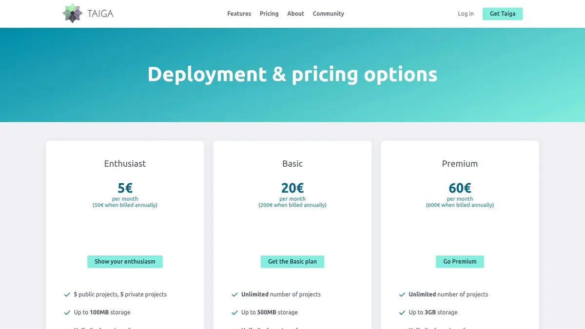 Taiga deployment options showing cloud and self-hosted plans with pricing