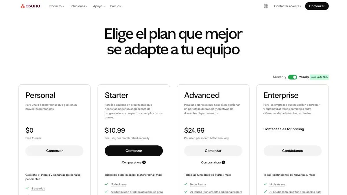 Asana pricing plans showing Personal, Starter, Advanced, Enterprise, and Enterprise+ tiers with feature breakdowns