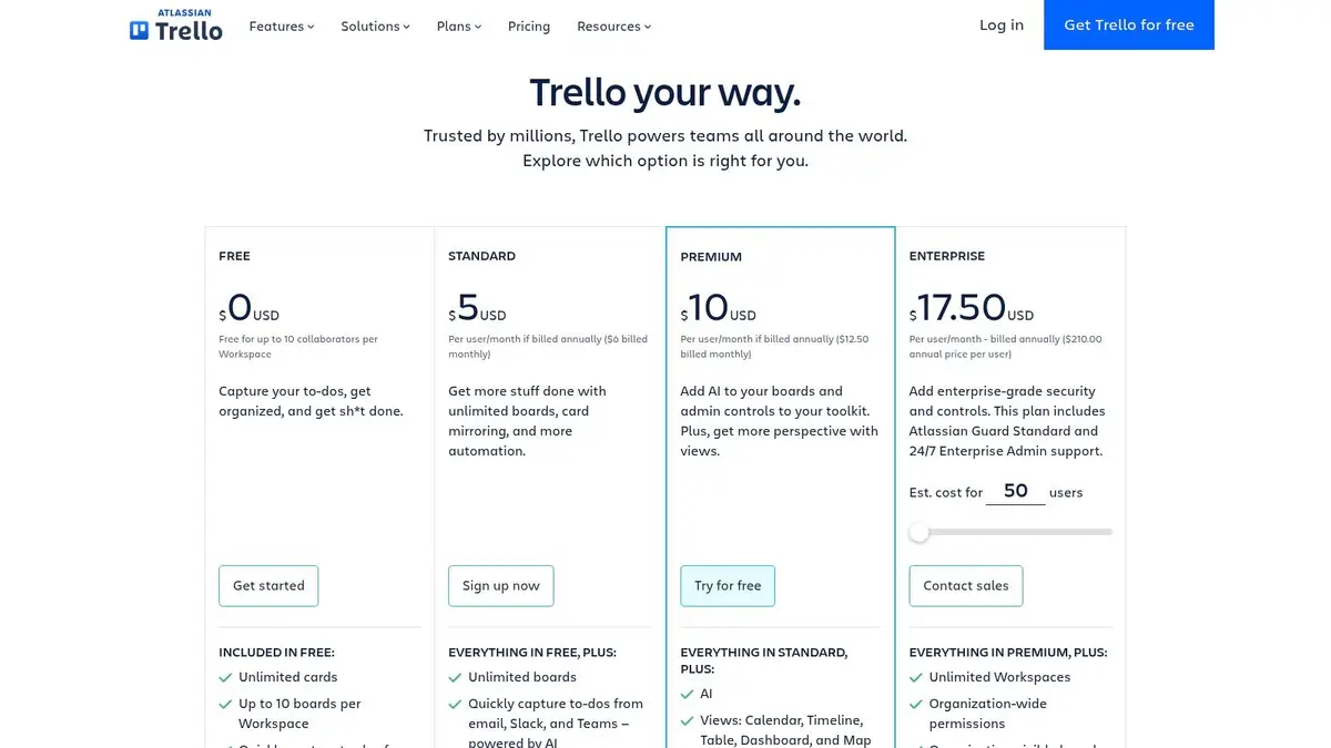 Trello pricing plans showing Free, Standard, Premium, and Enterprise tiers with feature breakdowns