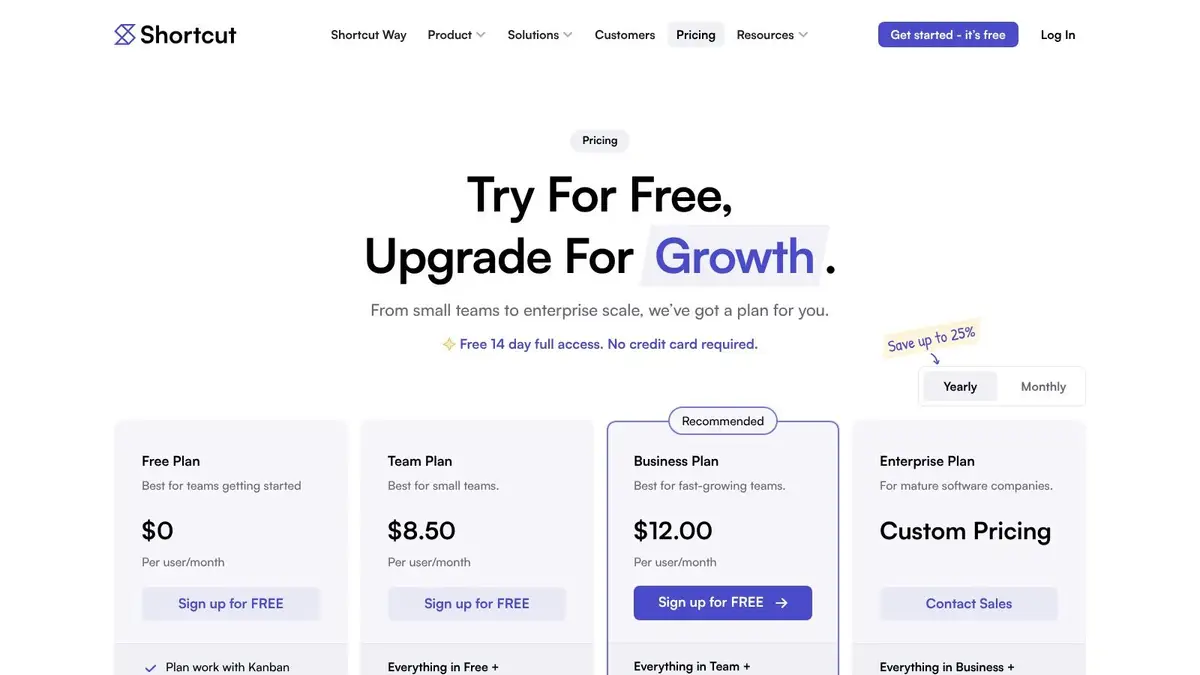 Shortcut pricing plans showing Free, Team, and Business tiers with feature breakdowns