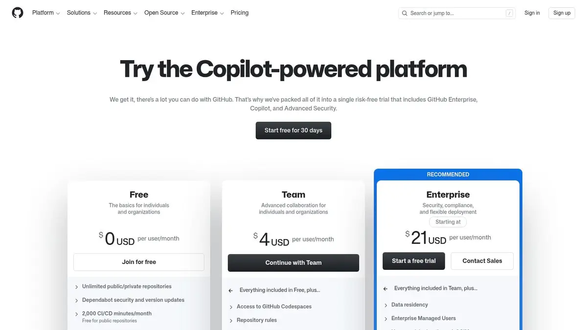 GitHub Projects pricing for Free, Team, and Enterprise plans