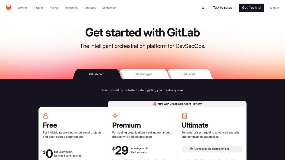 GitLab pricing plans showing Free, Premium, and Ultimate tiers