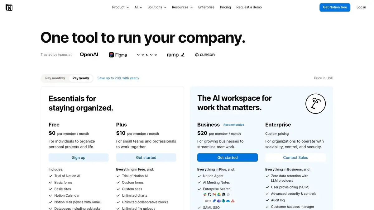 Notion Projects pricing plans including Free, Plus, Business, and Enterprise tiers with feature breakdowns