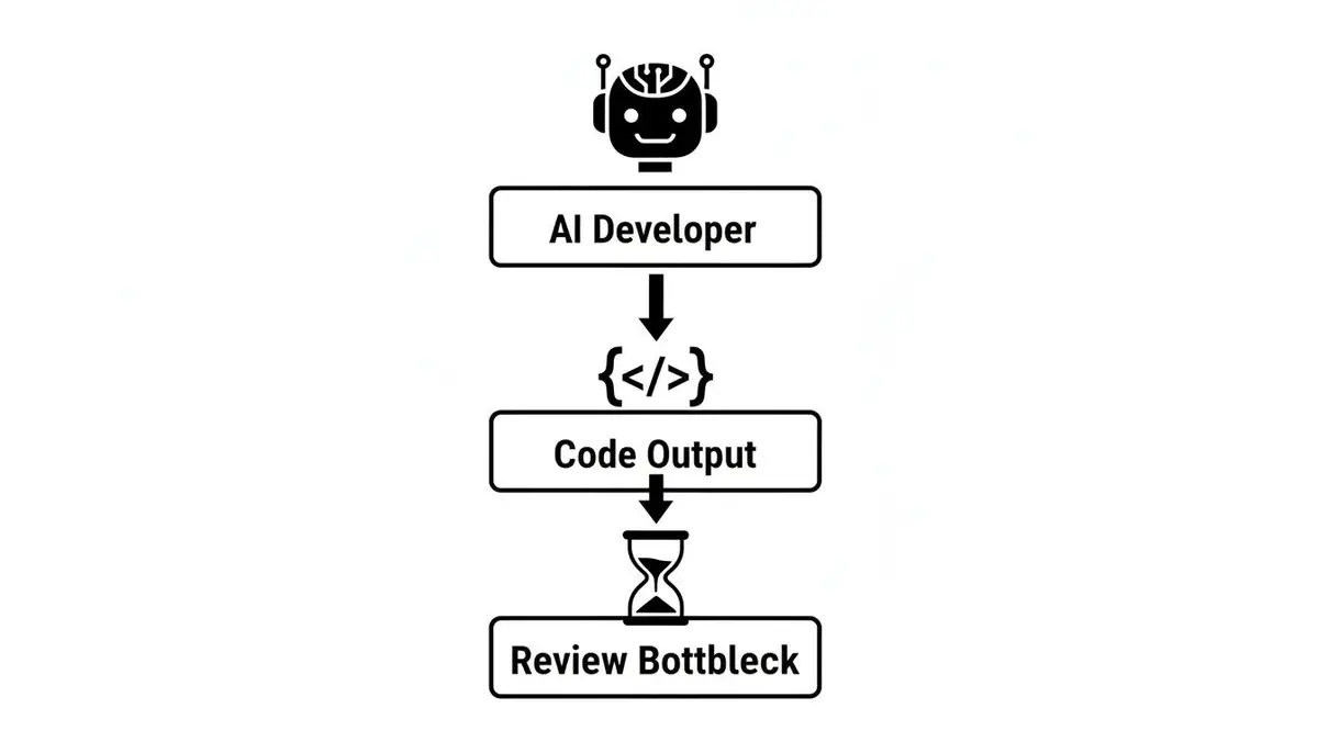 A flowchart showing an AI developer generating code output, leading to a human review bottleneck.