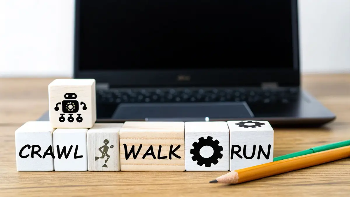 Wooden blocks display a robot icon and the words 'Crawl, Walk, Run' on a desk with a laptop.