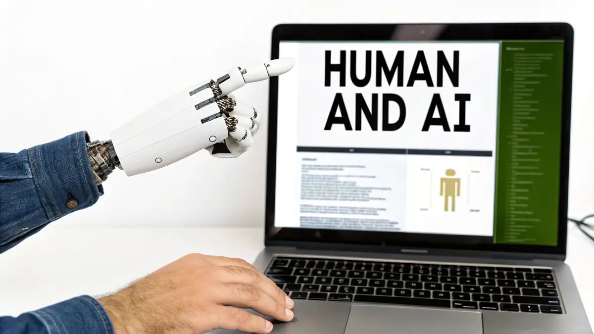 A robotic arm points at a laptop screen displaying "HUMAN AND AI" next to a human hand.