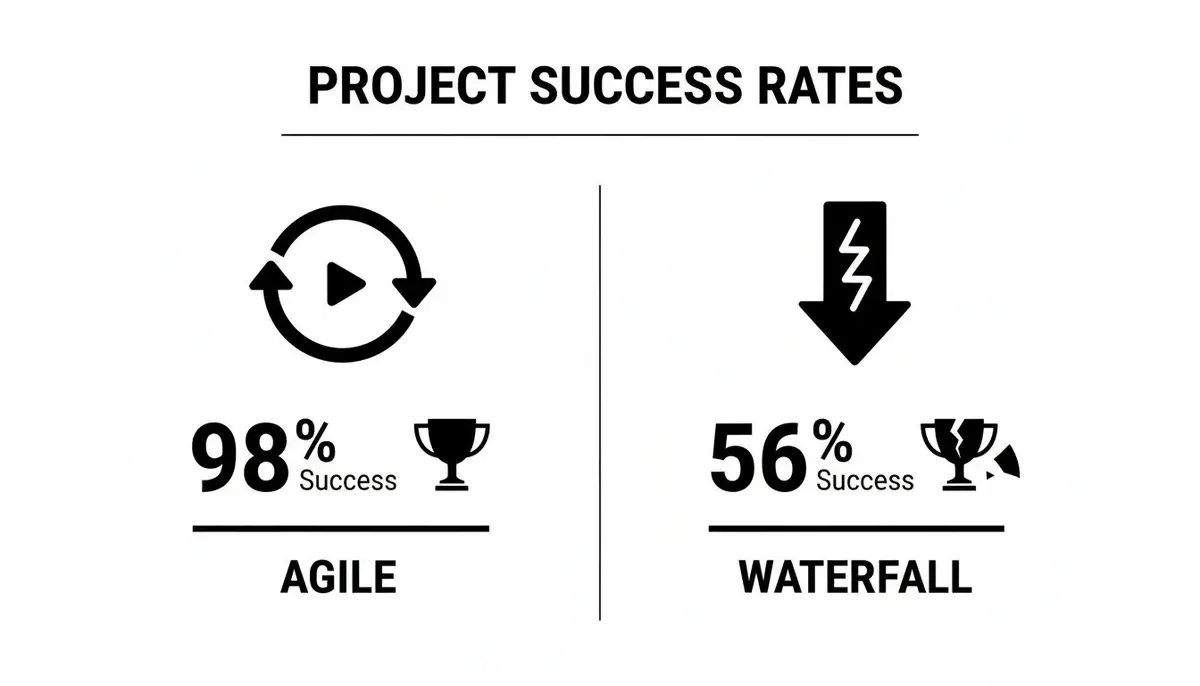 Infographic comparing project success rates of Agile (98%) and Waterfall (56%) methodologies.