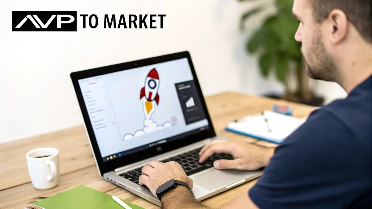 A man types on a laptop showing a rocket launch graphic and 'AVP TO MARKET' logo.