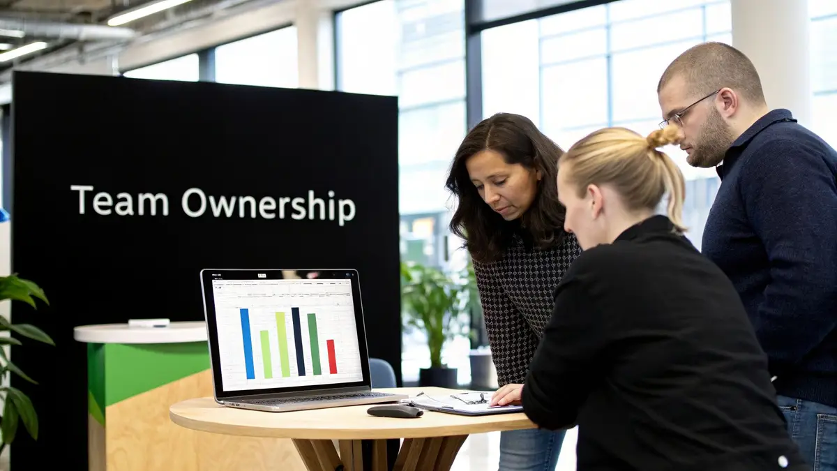 Three colleagues collaborate around a laptop displaying data charts, embodying team ownership in a modern office.