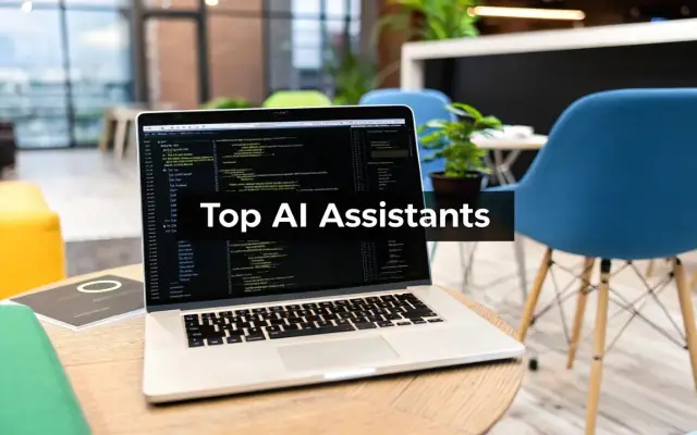 A laptop showing code with the words Top AI Assistants