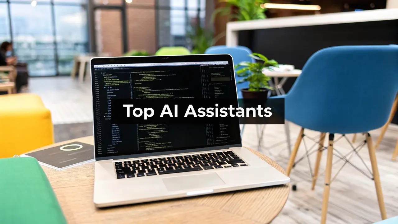 A laptop showing code with the words Top AI Assistants