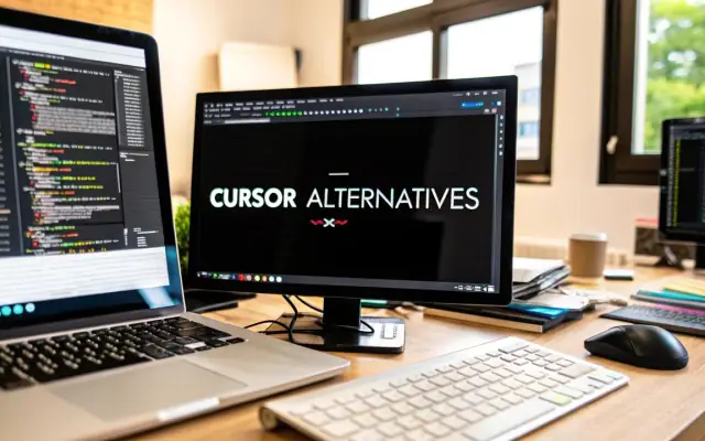 A desk with a laptop and a monitor showing the words Cursor Alternatives