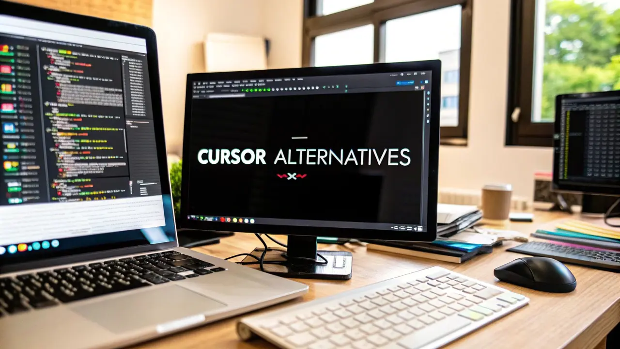 A desk with a laptop and a monitor showing the words Cursor Alternatives
