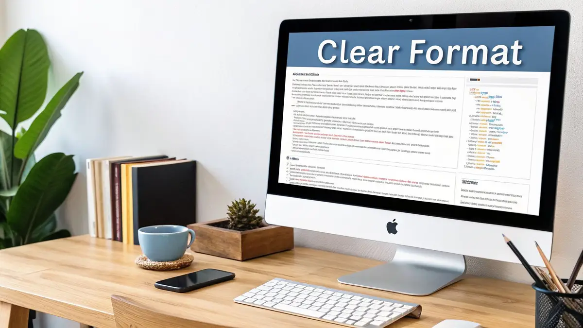 Clean and minimalist desk setup with an iMac showing 'Clear Format', books, coffee cup, and phone.