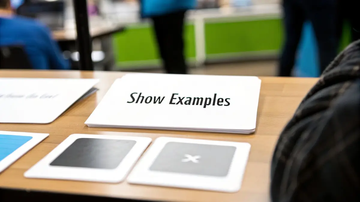 Stack of white cards on a wooden table, one showing 'Show Examples' text, in an office setting.