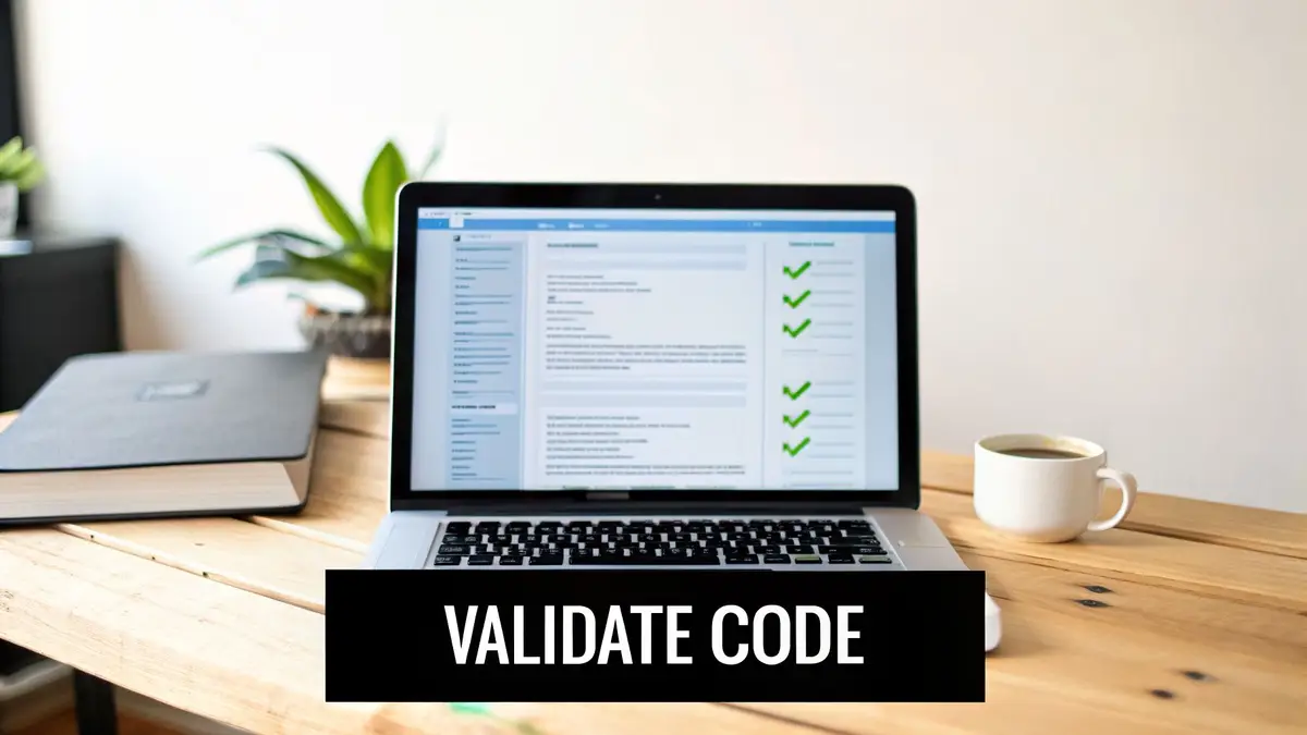 A laptop on a wooden desk displays code validation checks, next to a coffee cup and books.
