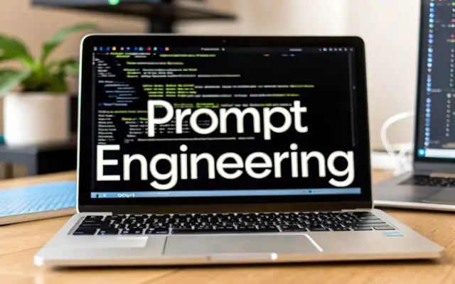 A laptop on a desk with the words Prompt Engineering over code on its screen